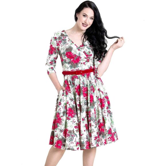 Hell Bunny Festive Poinsettias Midi 50’s Retro Rockabilly Pin-Up Dress Women's L - Picture 3 of 13